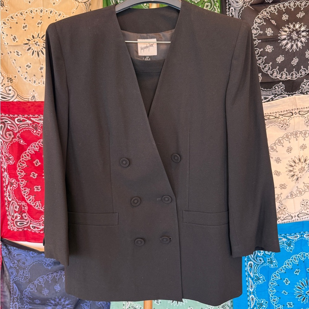 VINTAGE 80’s Jacqueline Ferrar  Black Double-Breasted Blazer Set with skirt‎